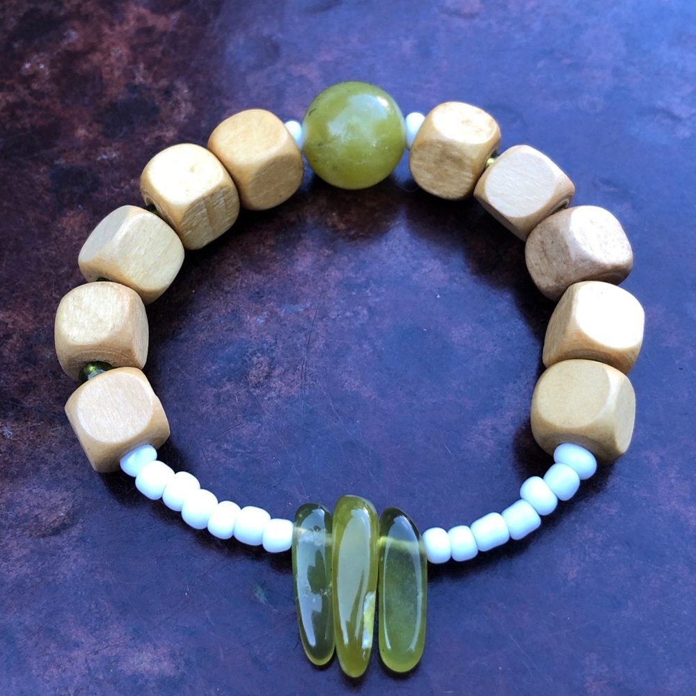 Green Jade and Wood Bracelet